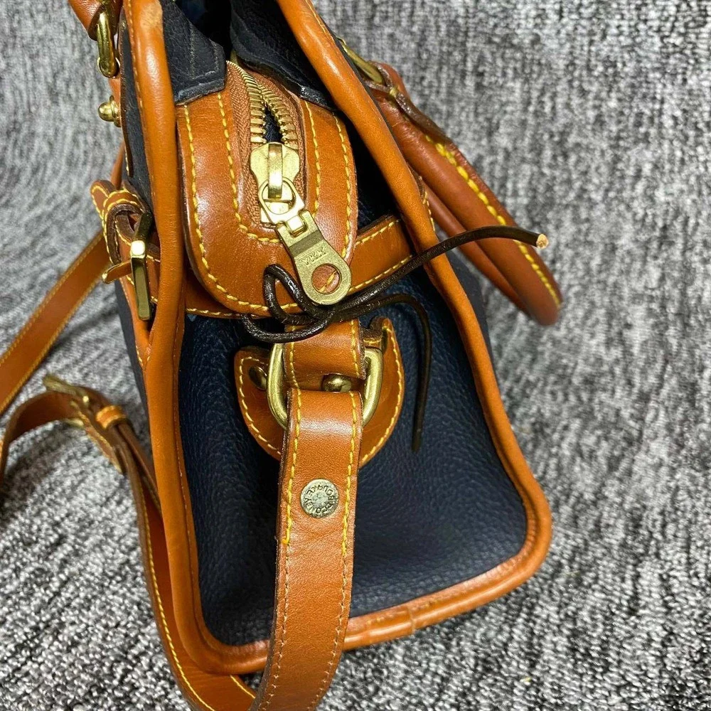 Vtg Dooney Bourke All Weather Leather Cavalry Satchel Bag Navy British Tan Purse